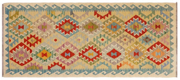 Flat Weave Kilim, Antique, Navaho, Vintage, Handmade, Geometric Kilim Gold Blue Hand-Woven Runner 100% Wool Area Rug 3 x 7